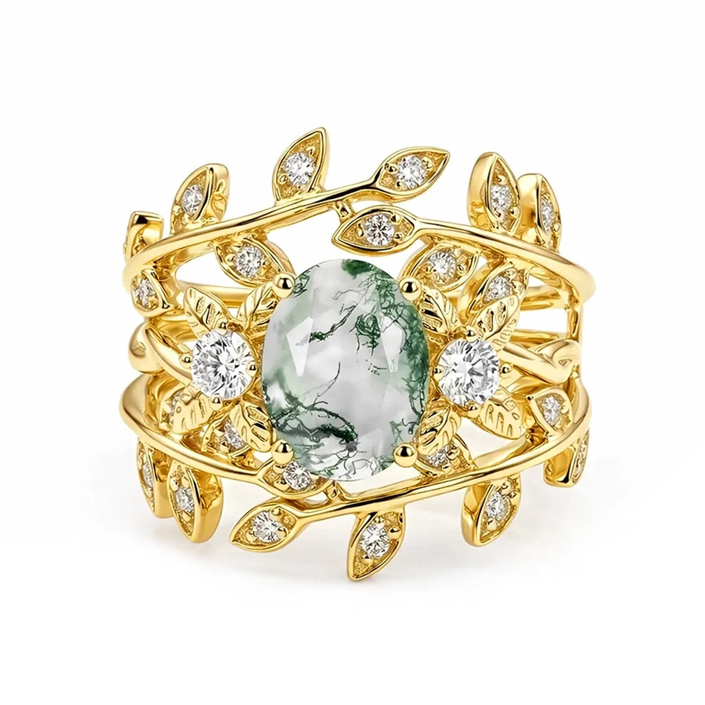Léonie Oval Cut Moss Agate Leafy Gold Couple Ring Set