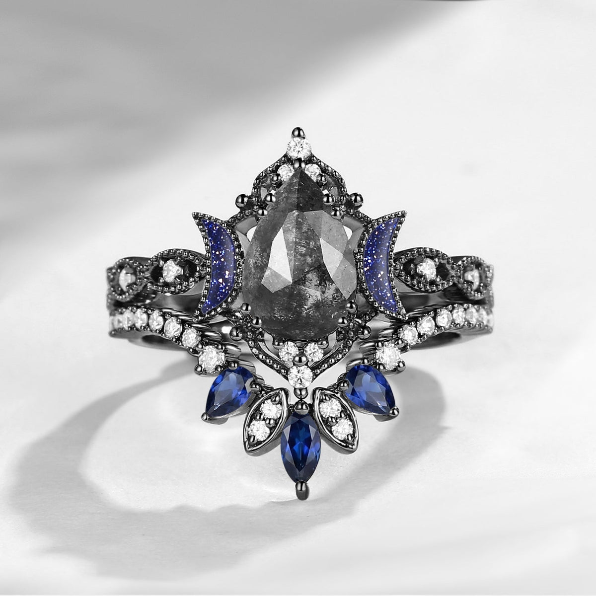 Crescent Moon | Blue Moon Inspired Pear Salt & Pepper Diamond 'Ultra Galaxy' Engagement Ring Set 2pcs
