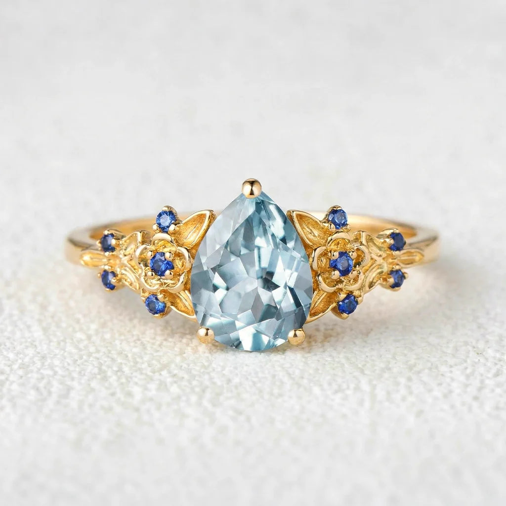Isolde’s Tide | Vintage Pear Aquamarine & Sapphire Floral Bridal Set 2pcs