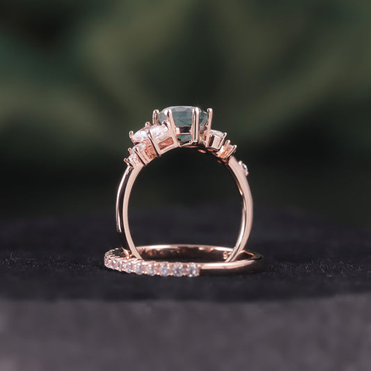 Moss Agate Leafy Vine & Cluster Engagement Ring Set 2pcs