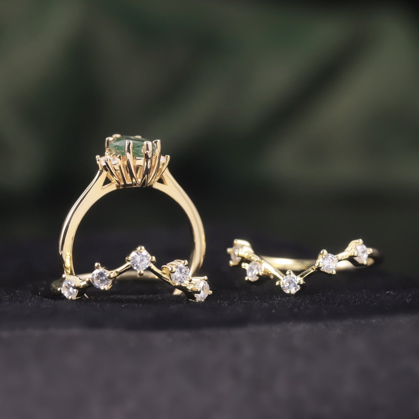 Marquise Cut Moss Agate Cluster Vintage Ring