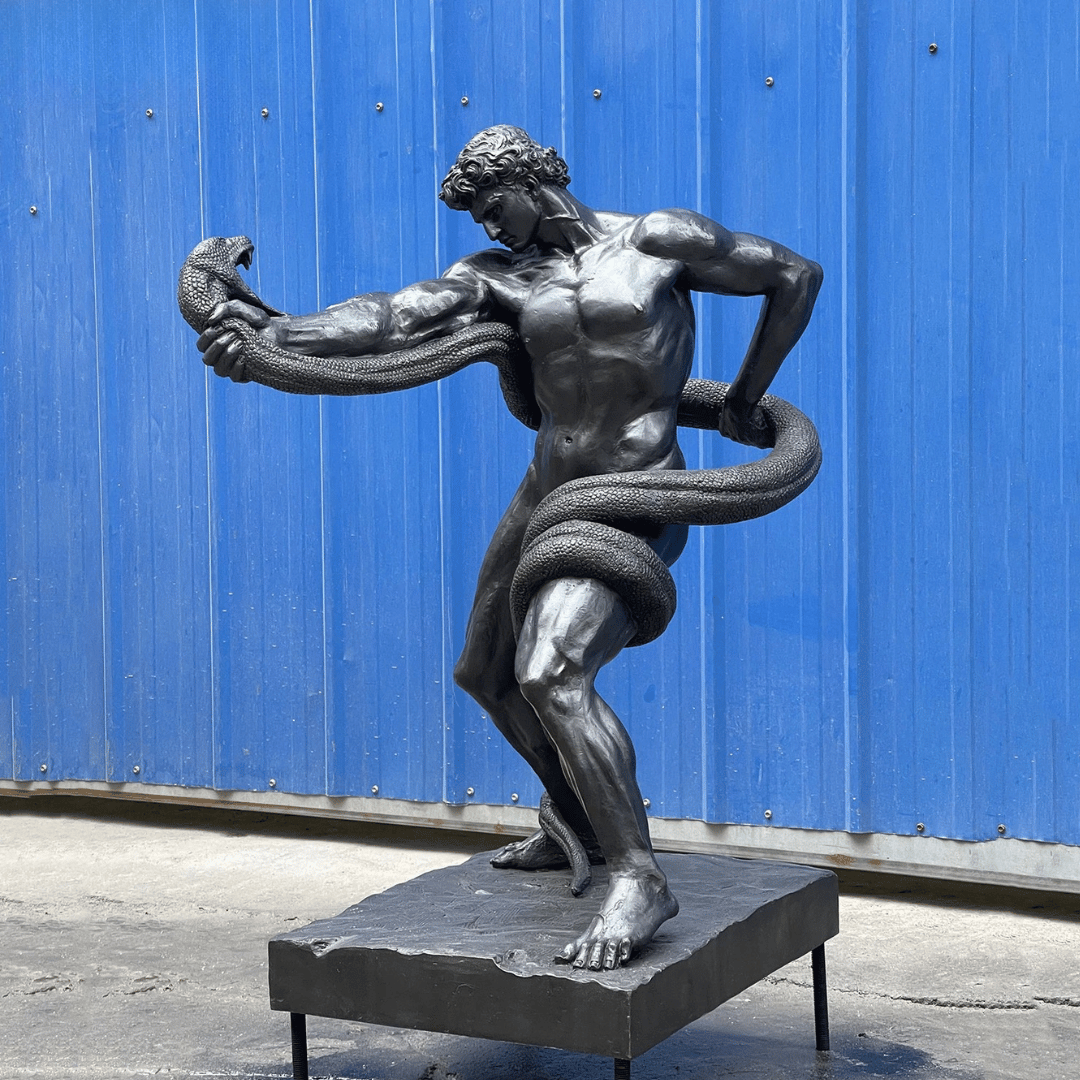 THE WRESTLER | Greek Warrior and Serpent Bronze Sculpture