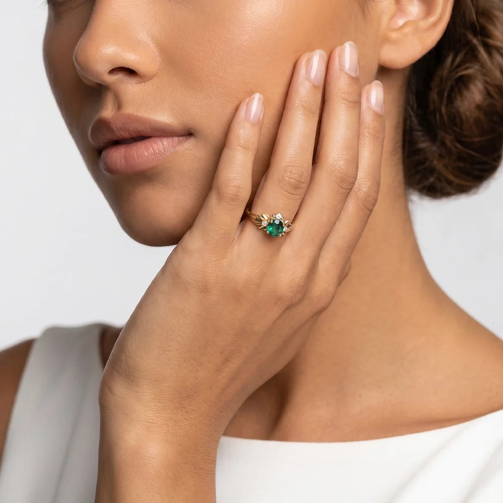 Eve’s Laurel | Natural Emerald Engagement Ring with Diamond Leaf Setting