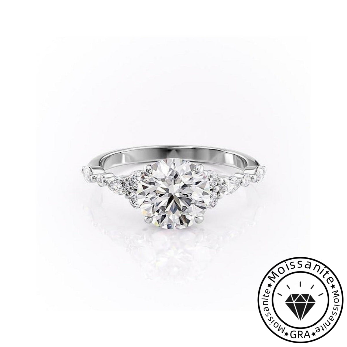 Graceful Solarii Moissanite 2.0ct Round Cut 925 Sterling Silver Side Stone Engagement Ring