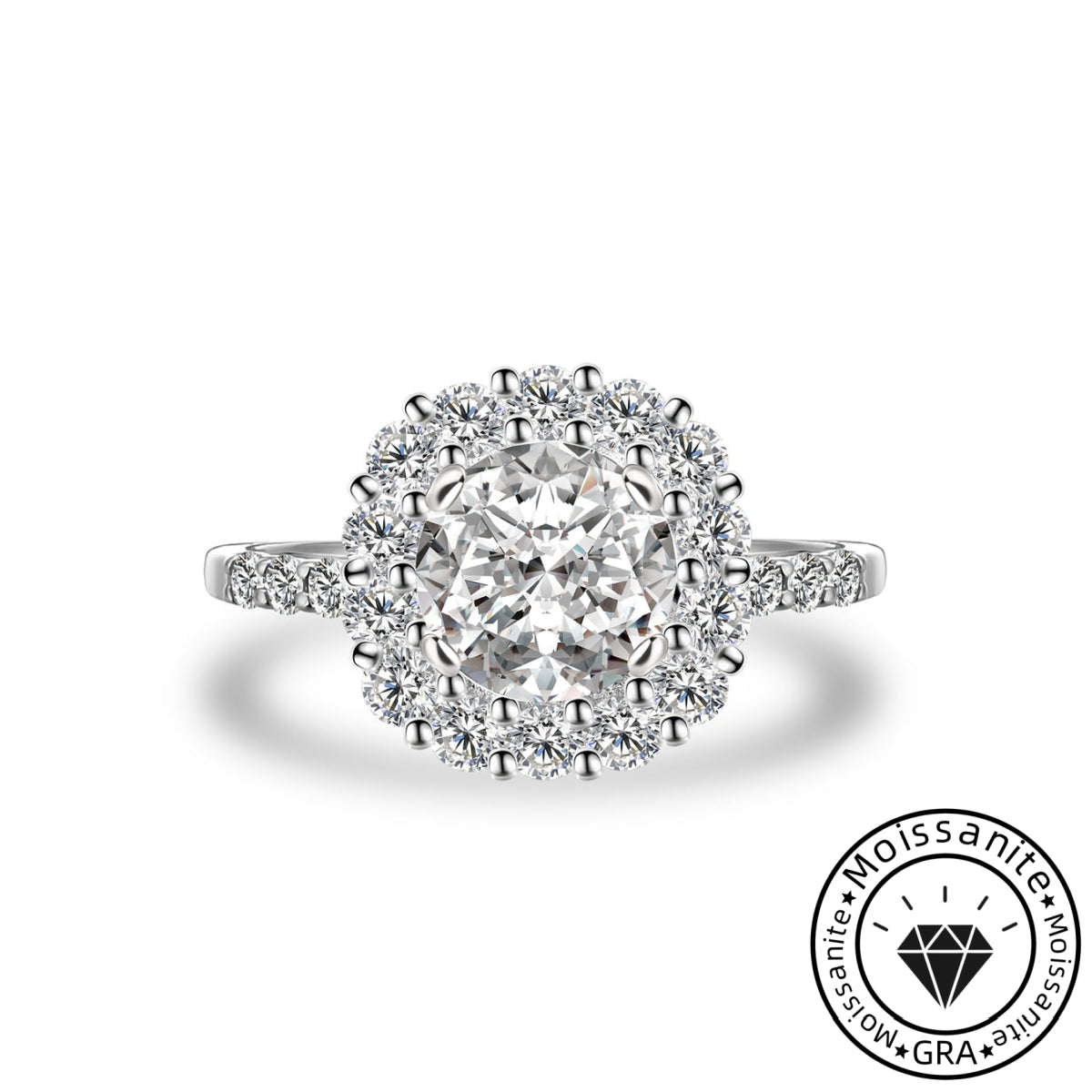 Elegant Solarii Moissanite 2.0ct Round Cut 925 Sterling Silver Halo Design Engagement Ring