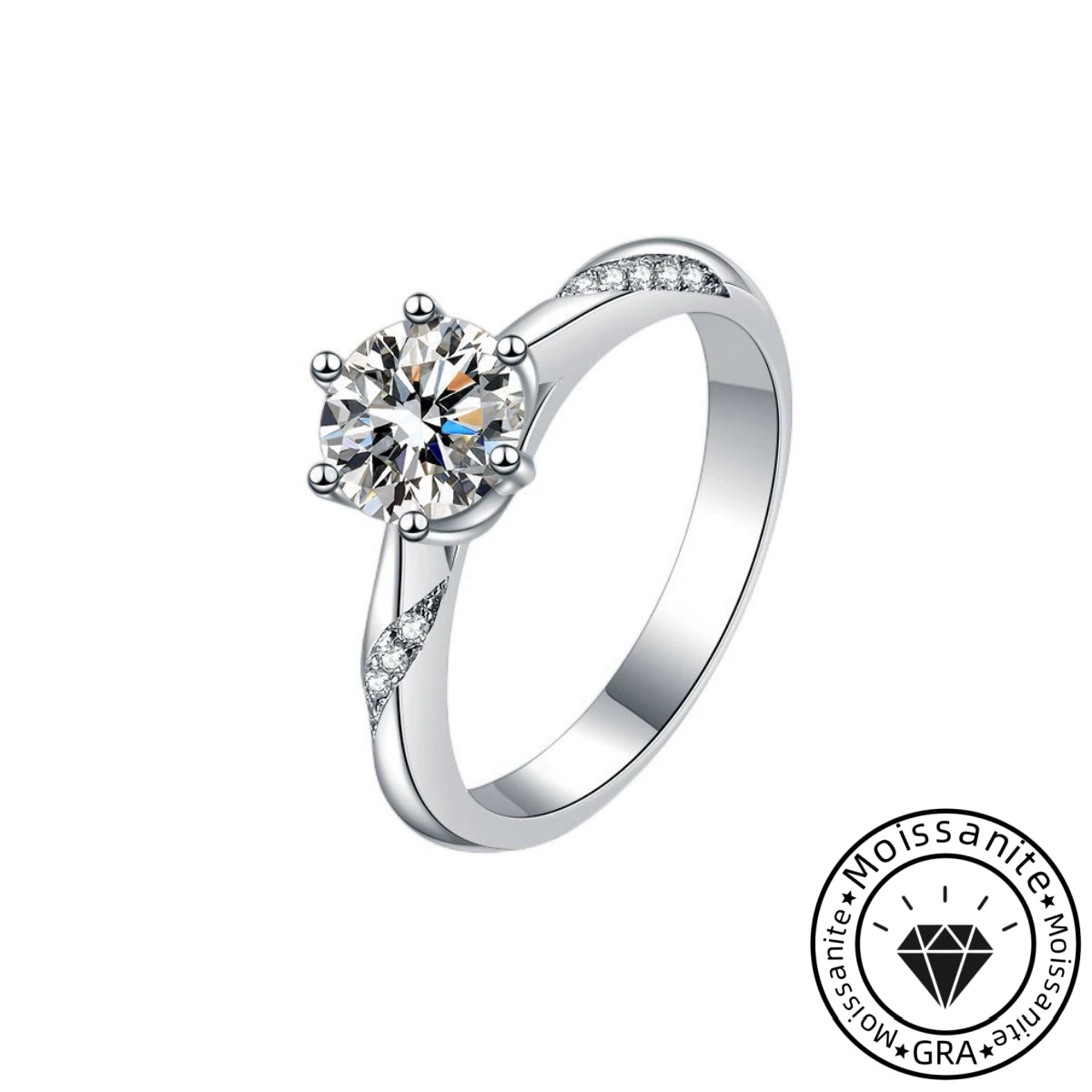 Carved Solarii Moissanite 2.0ct Round Cut 925 Sterling Silver Side Stone Engagement Ring