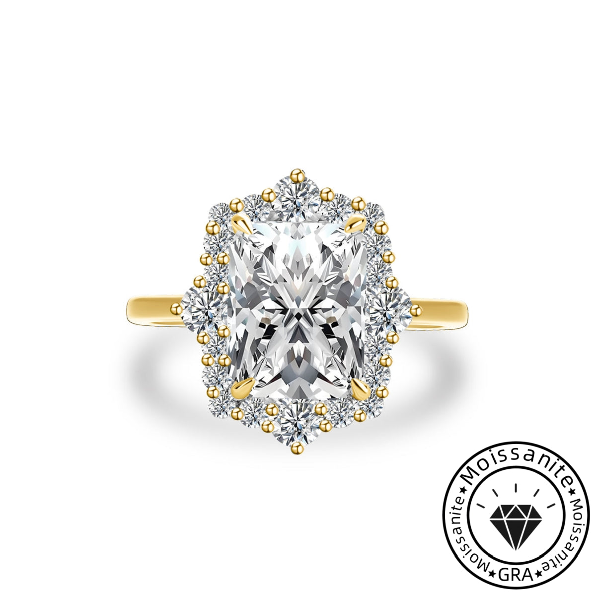 Artful Solarii Moissanite 4.5ct Radiant Cut 925 Sterling Silver Halo Design Engagement Ring