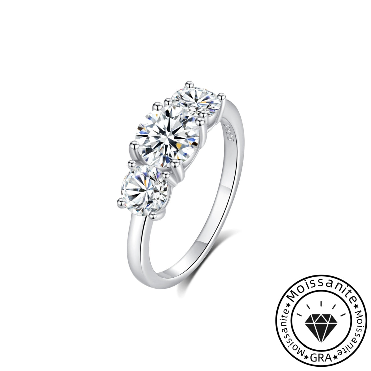Glazed Solarii Moissanite 1.0ct Round Cut 925 Sterling Silver Three Stone Engagement Ring