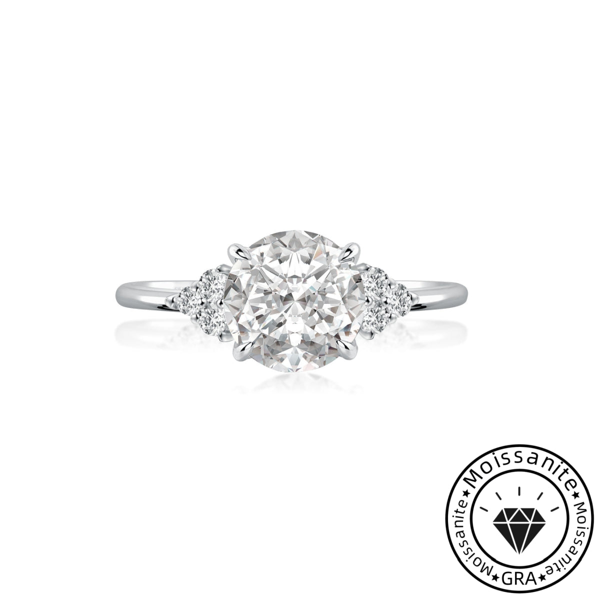 Ornate Solarii Moissanite 1.2ct Round Cut 925 Sterling Silver Side Stone Engagement Ring