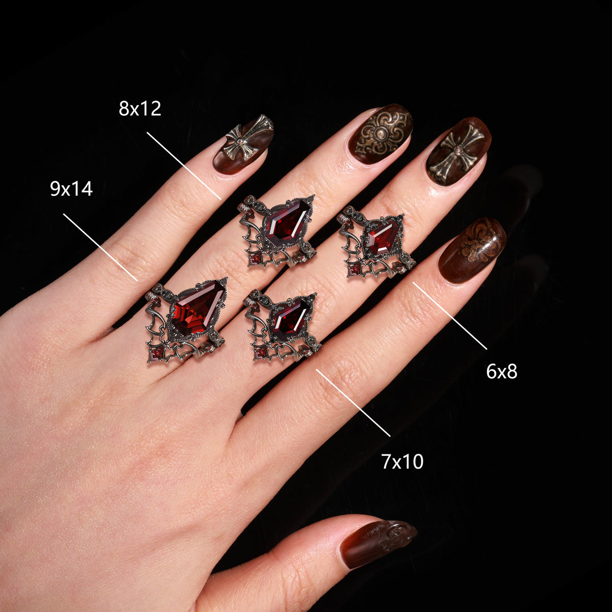 'Dark Romance' - Gothic Coffin Cut Amethyst Engagement Ring Set with Bat Wings in Black Gold
