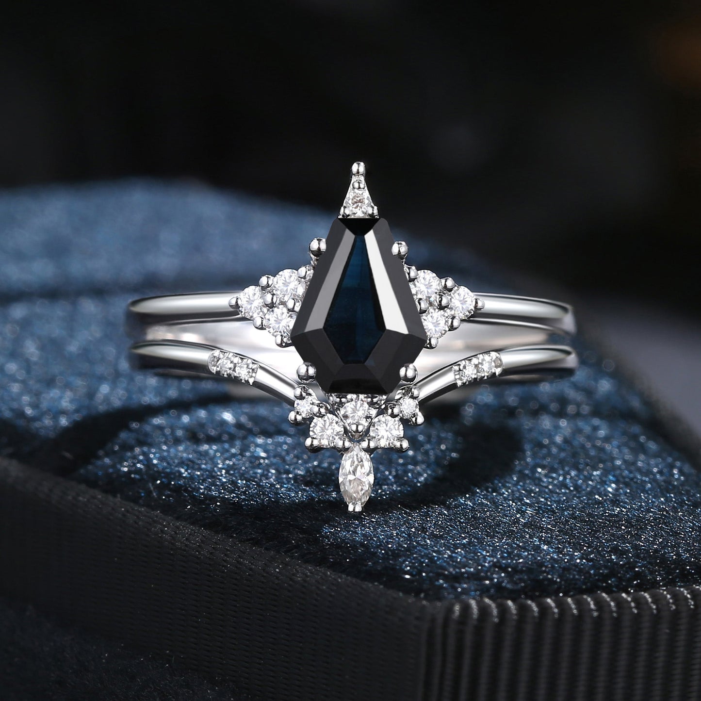 Unique Coffin Natural Black Sapphire Engagement Star Ring Set 2pcs - Coffin Kite