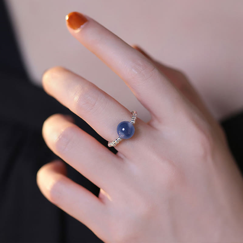 Fortune Jewel 925 Sterling Silver Blue Candy Agate Healing Bead Ring