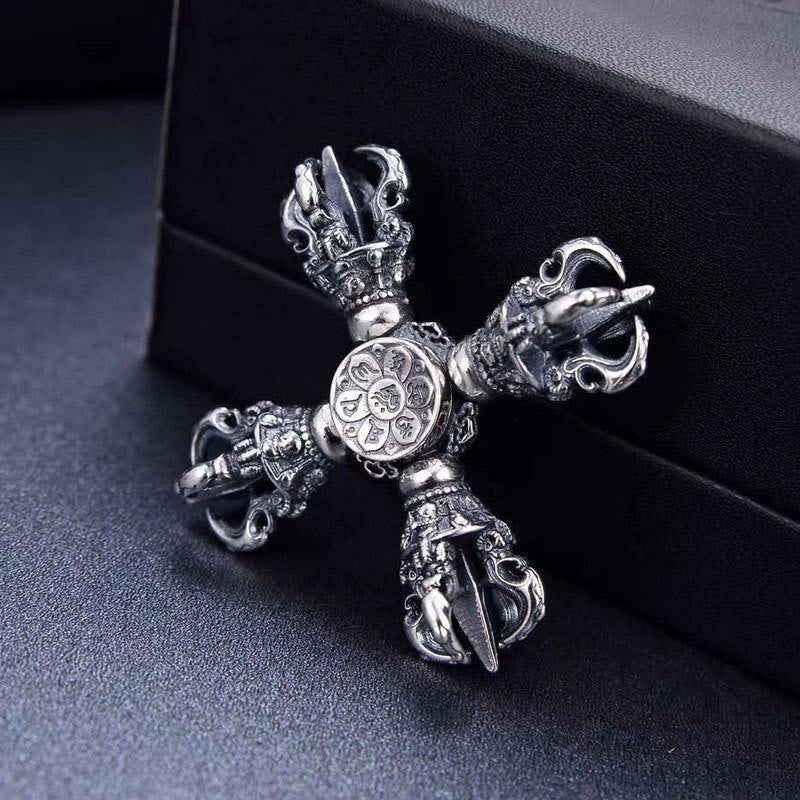 Fortune Jewel Tibetan 925 Sterling Silver Double Dorje Vajra Engraved Spiritual Power Pendant