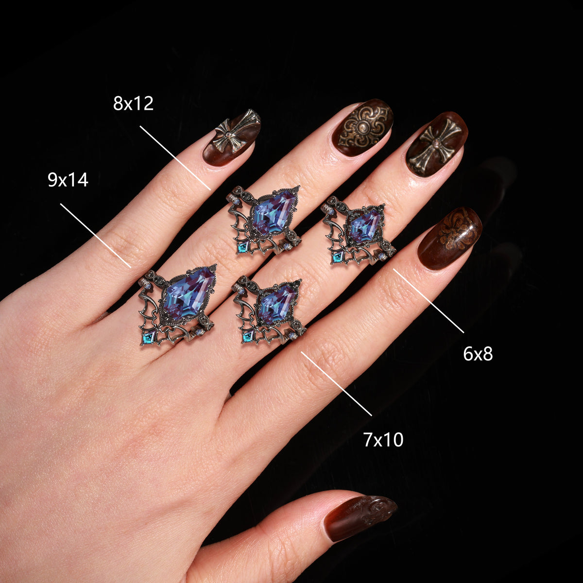 'Dark Romance' - Gothic Coffin Cut Garnet Engagement Ring Set with Bat Wings in Black Gold - Bat Ring