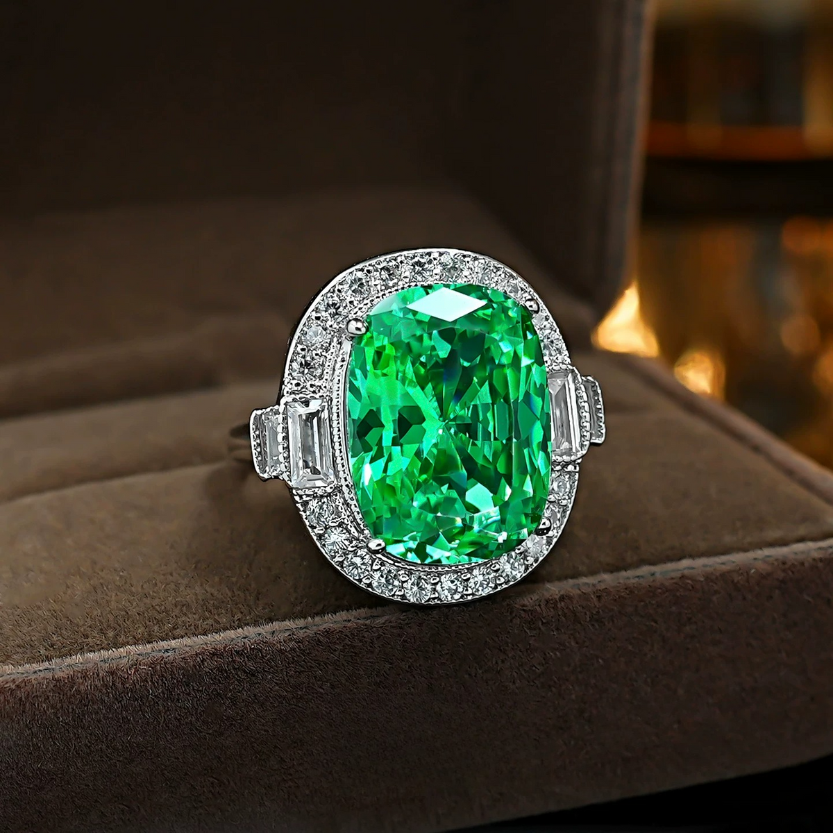 Retro Radiant Cut Colorful Gemstone Engagement Ring with Double Halo & Baguette Accents