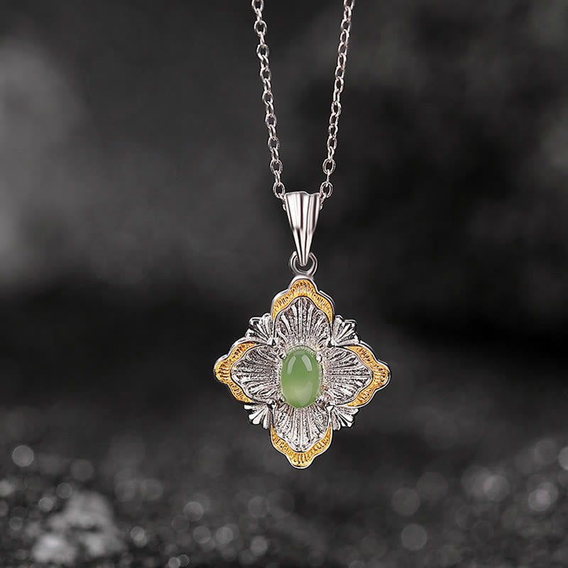 Fortune Jewel 925 Sterling Silver Plated Gold Hetian Cyan Jade Rhombus Design Luck Healing Necklace Pendant
