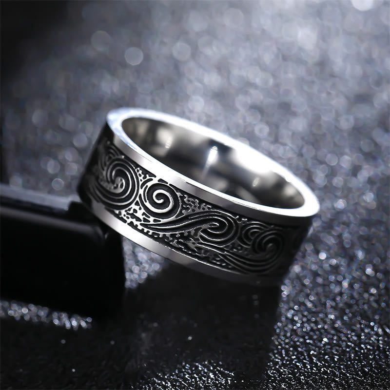 Fortune Jewel Vintage Wave Auspicious Clouds Engraved Pattern Titanium Steel Balance Ring