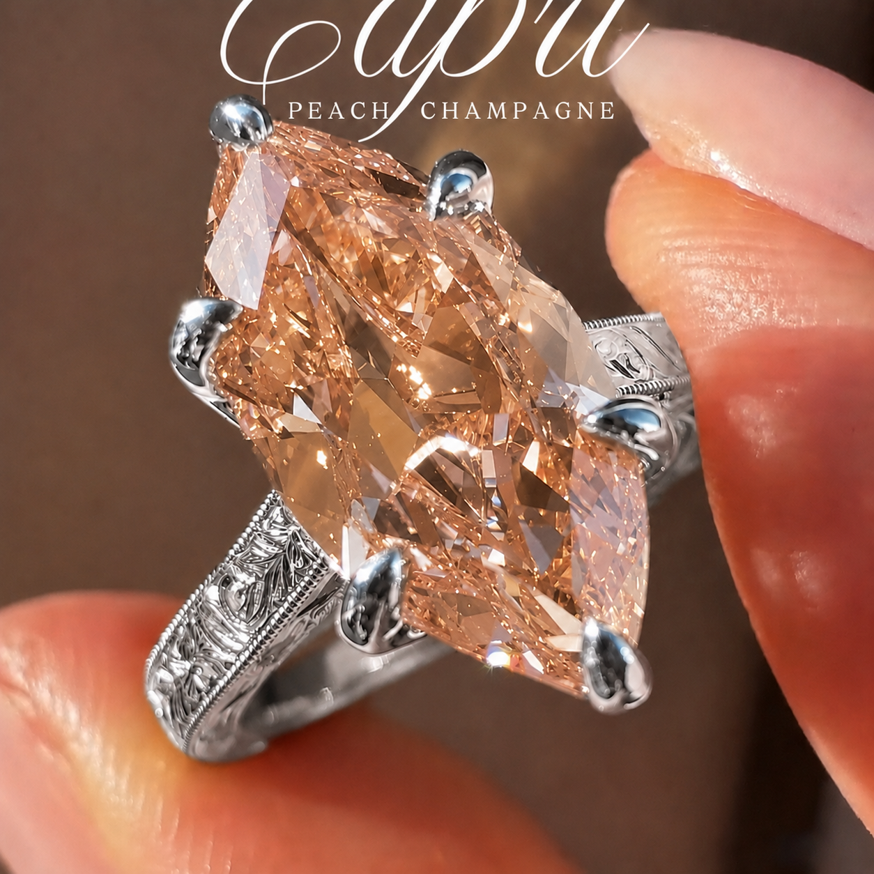 Vintage 3.0ct Hand-Engraved Peach Champagne Marquise Cut Engagement Ring In Sterling Silver