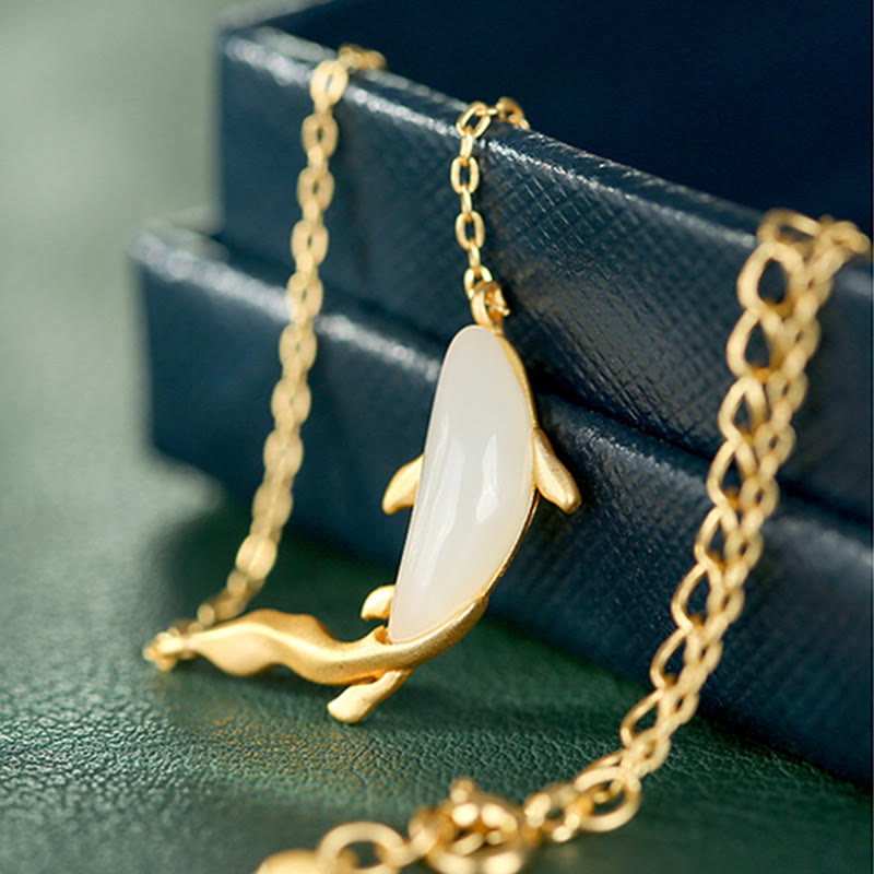 Fortune Jewel 925 Sterling Silver White Jade Dolphin Luck Necklace Pendant