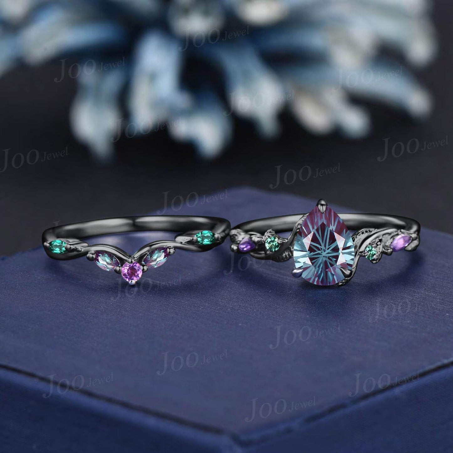 1.25CT Fireworks Cut Color-Change Alexandrite Black Gold Wedding Ring Set Pear Cut Engagement Rings Twig Vine Emerald Amethyst Bridal Set