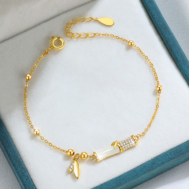 Fortune Jewel 925 Sterling Silver 18K Gold Plated White Jade Bamboo Zircon Leaf Luck Bracelet