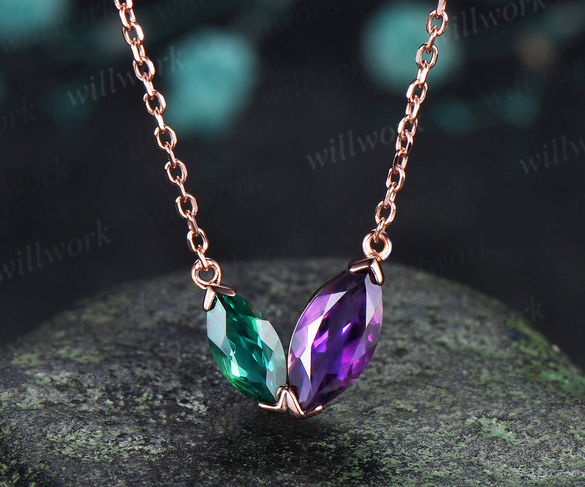 Marquise Cut Emerald Amethyst Necklace Dainty Two Birthstones Pendant with V Prong Minimalist Toi Et Moi Necklace Gifts for Her