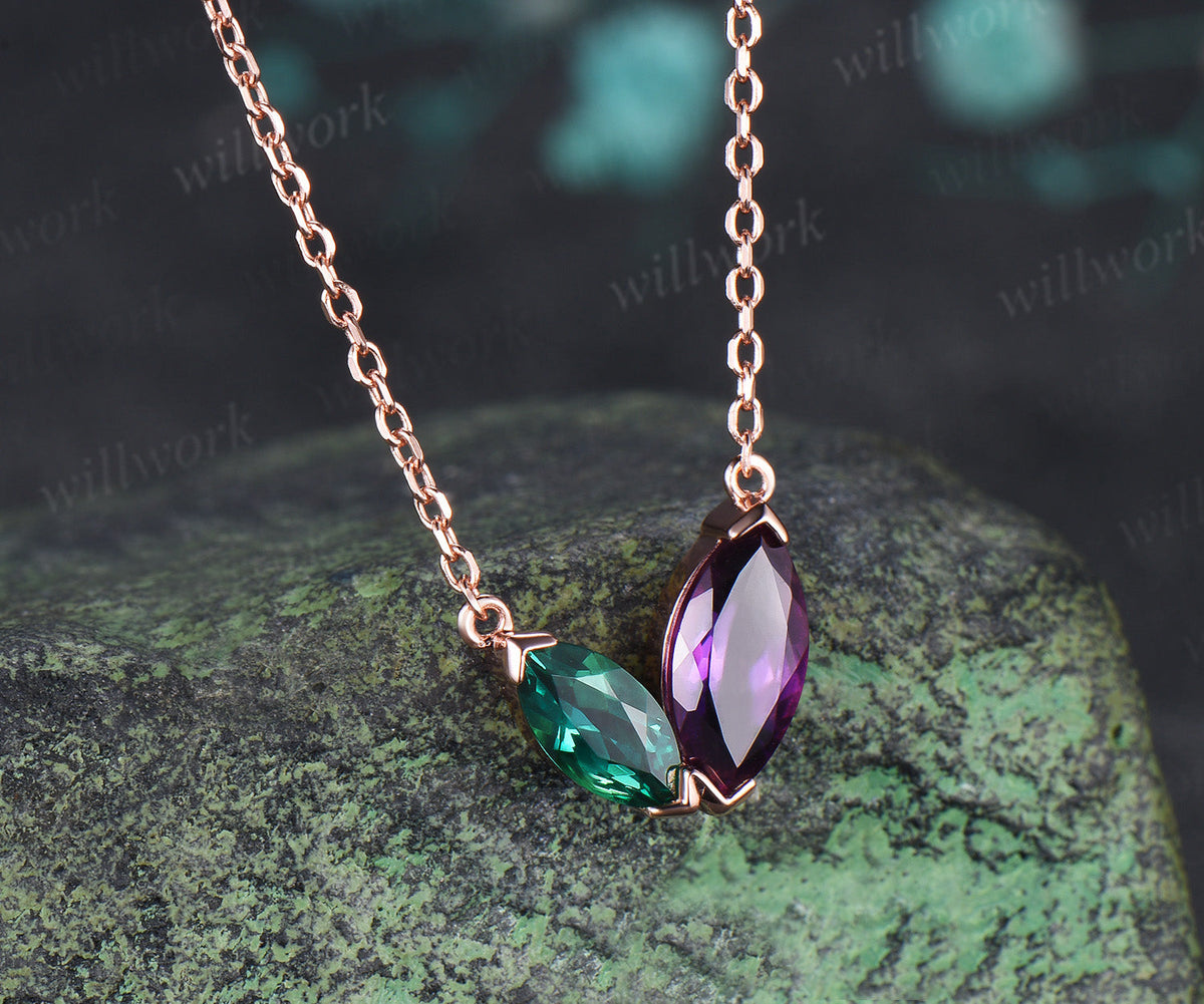 Marquise Cut Emerald Amethyst Necklace Dainty Two Birthstones Pendant with V Prong Minimalist Toi Et Moi Necklace Gifts for Her