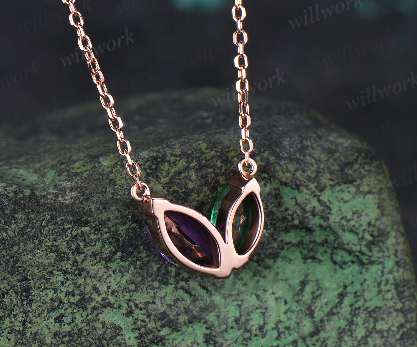 Marquise Cut Emerald Amethyst Necklace Dainty Two Birthstones Pendant with V Prong Minimalist Toi Et Moi Necklace Gifts for Her