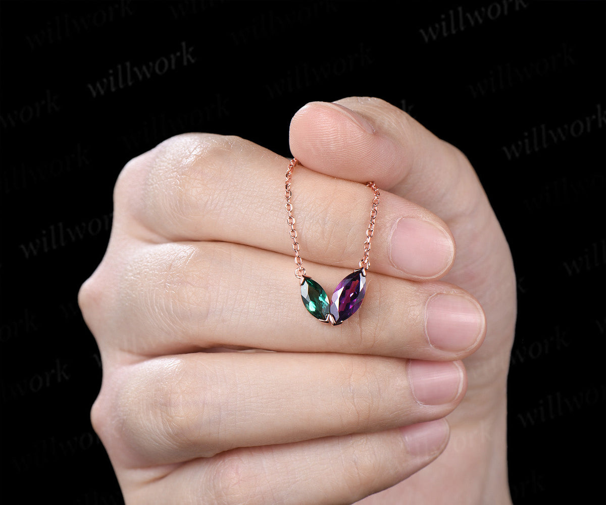Marquise Cut Emerald Amethyst Necklace Dainty Two Birthstones Pendant with V Prong Minimalist Toi Et Moi Necklace Gifts for Her