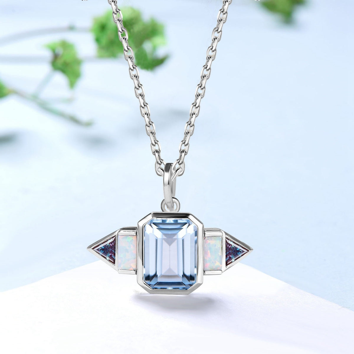 Vintage Emerald Cut AqumarineNecklace | East-West Opal & Alexandrite Pendant