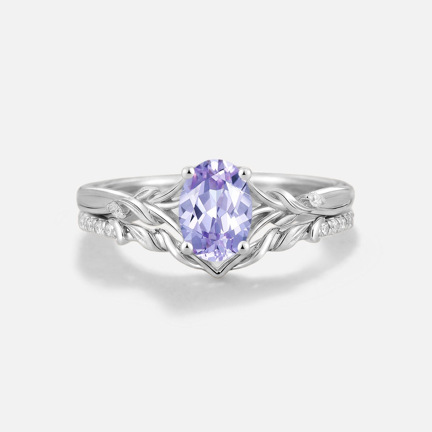 Oval Cut Leafy Lab Lavender Sapphire Engagement Ring 2PCS