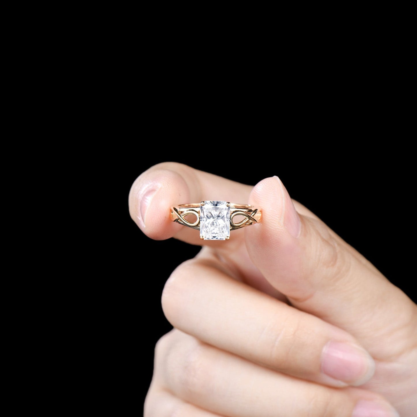 2ct Radiant Cut Cut Moissanite Engagement Ring, Infinite Love 14k Yellow Gold Band