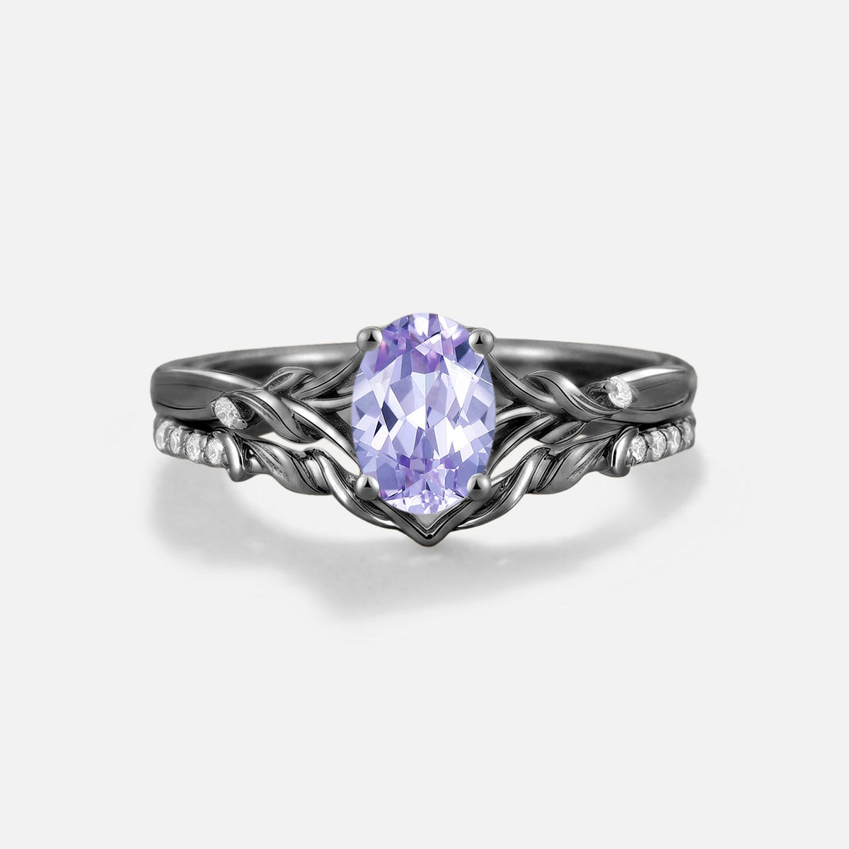 Oval Cut Leafy Lab Lavender Sapphire Engagement Ring 2PCS