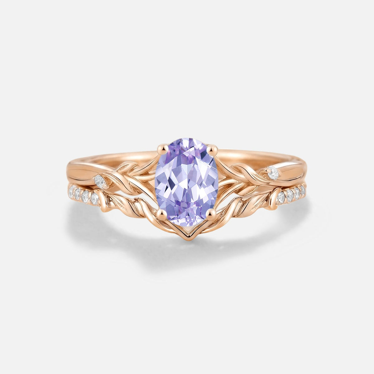 Oval Cut Leafy Lab Lavender Sapphire Engagement Ring 2PCS
