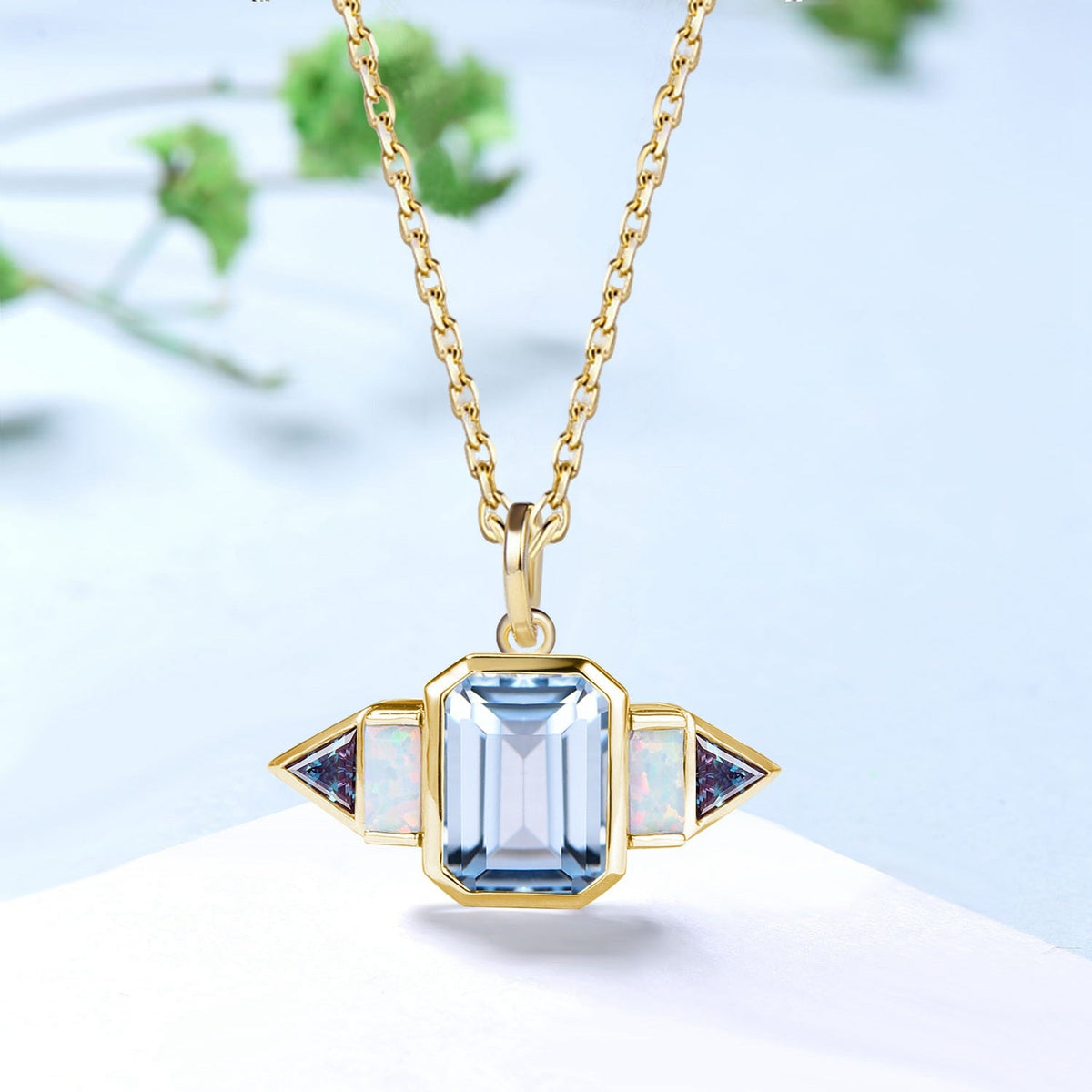 Vintage Emerald Cut AqumarineNecklace | East-West Opal & Alexandrite Pendant