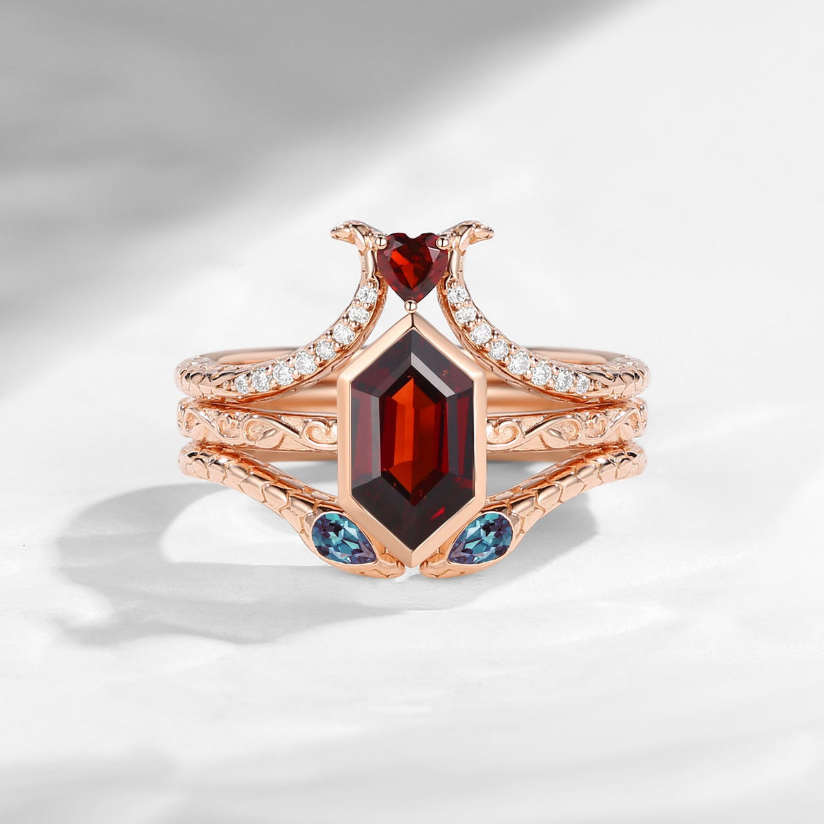 'Serpent's Allure' - Long Hexagon Cut Garnet Vintage Bezel Engagement Ring Set 3pcs