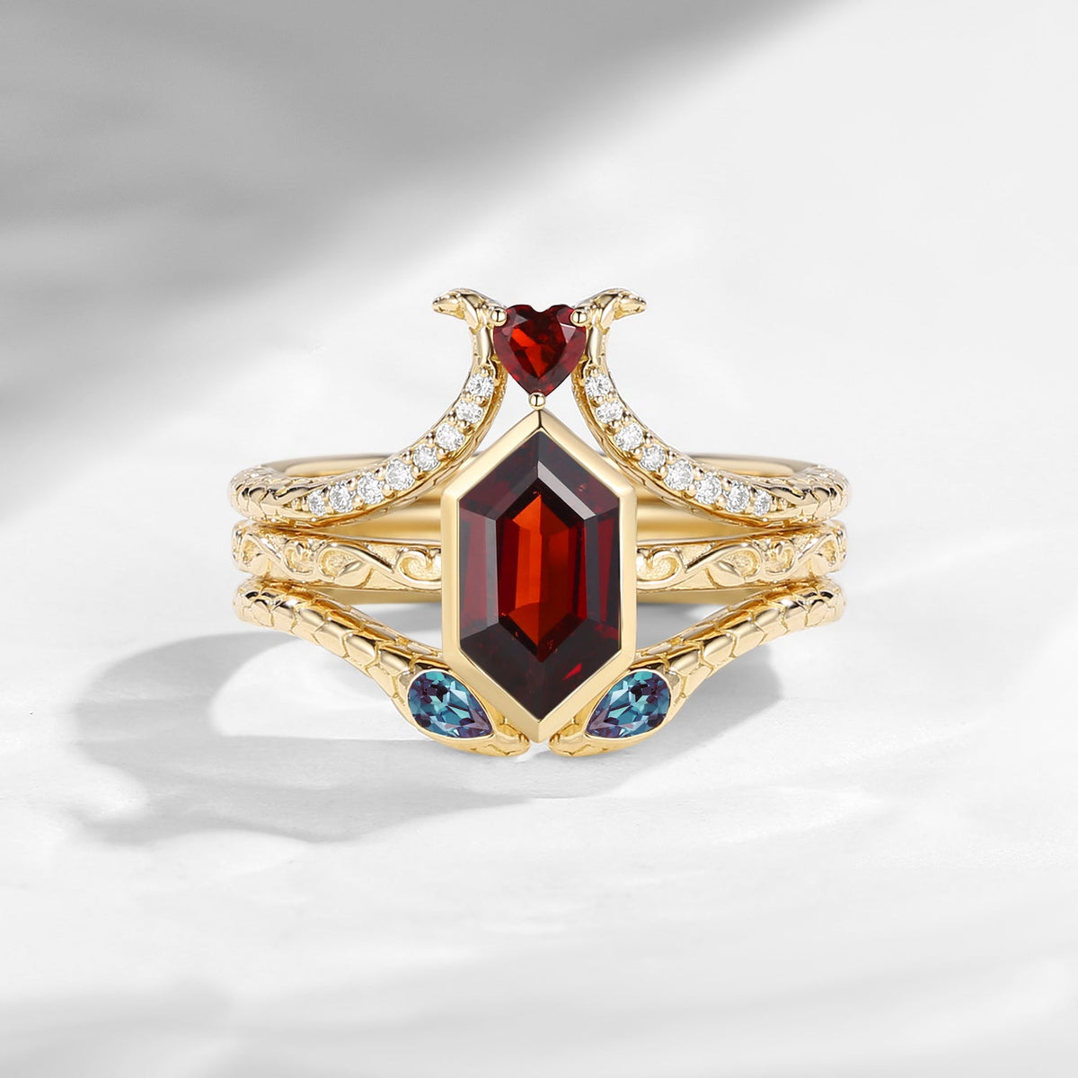 'Serpent's Allure' - Long Hexagon Cut Garnet Vintage Bezel Engagement Ring Set 3pcs