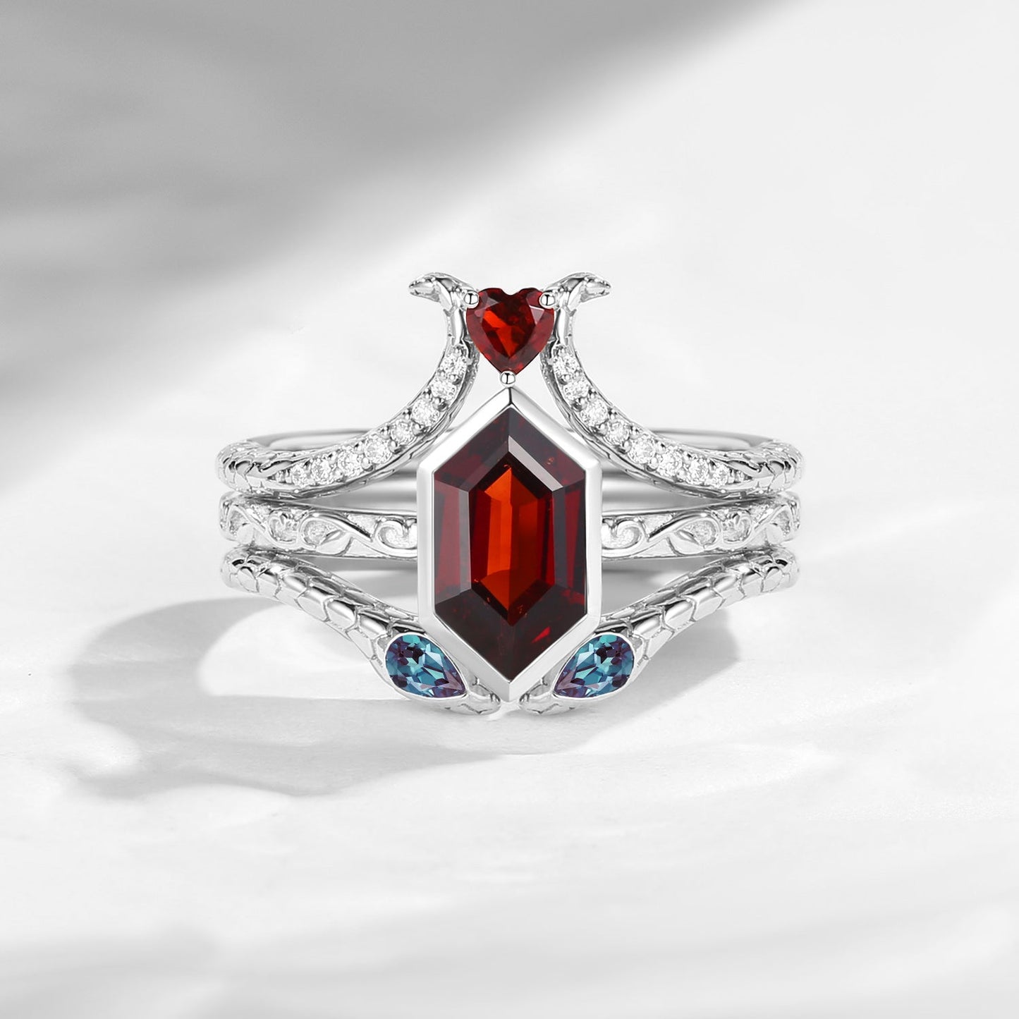 'Serpent's Allure' - Long Hexagon Cut Garnet Vintage Bezel Engagement Ring Set 3pcs