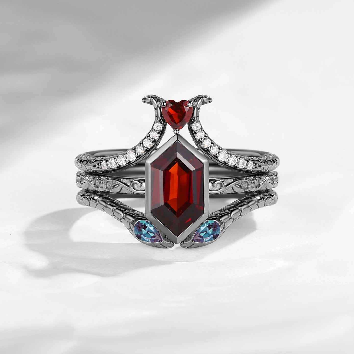 'Serpent's Allure' - Long Hexagon Cut Garnet Vintage Bezel Engagement Ring Set 3pcs