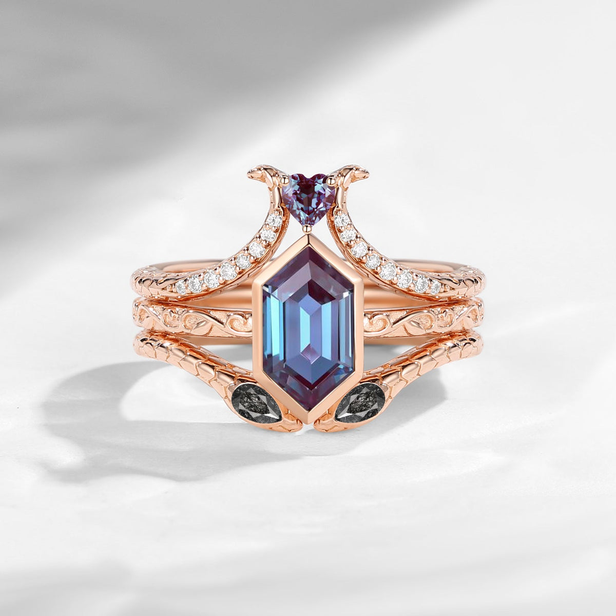 'Serpent's Allure' - Long Hexagon Cut Lab Alexandrite Vintage Bezel Engagement Ring Set 3pcs