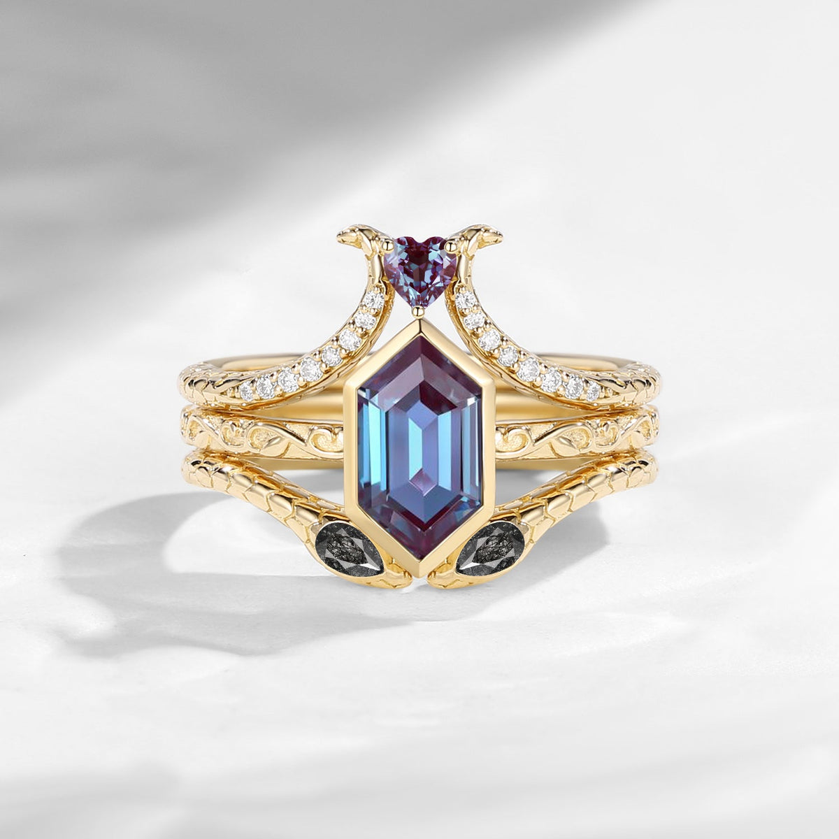 'Serpent's Allure' - Long Hexagon Cut Lab Alexandrite Vintage Bezel Engagement Ring Set 3pcs