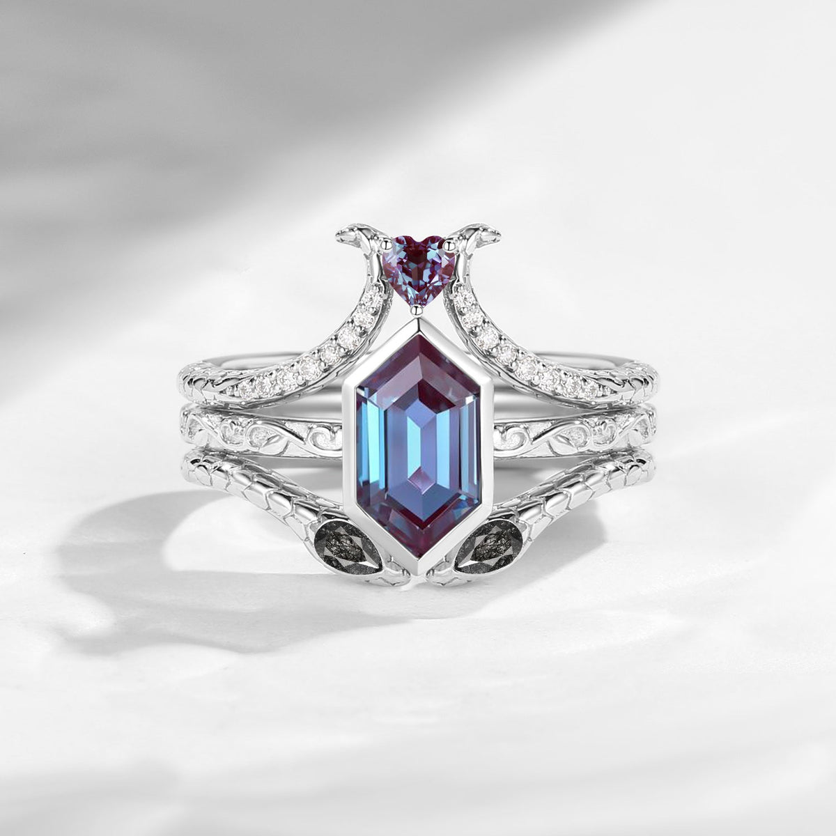'Serpent's Allure' - Long Hexagon Cut Lab Alexandrite Vintage Bezel Engagement Ring Set 3pcs
