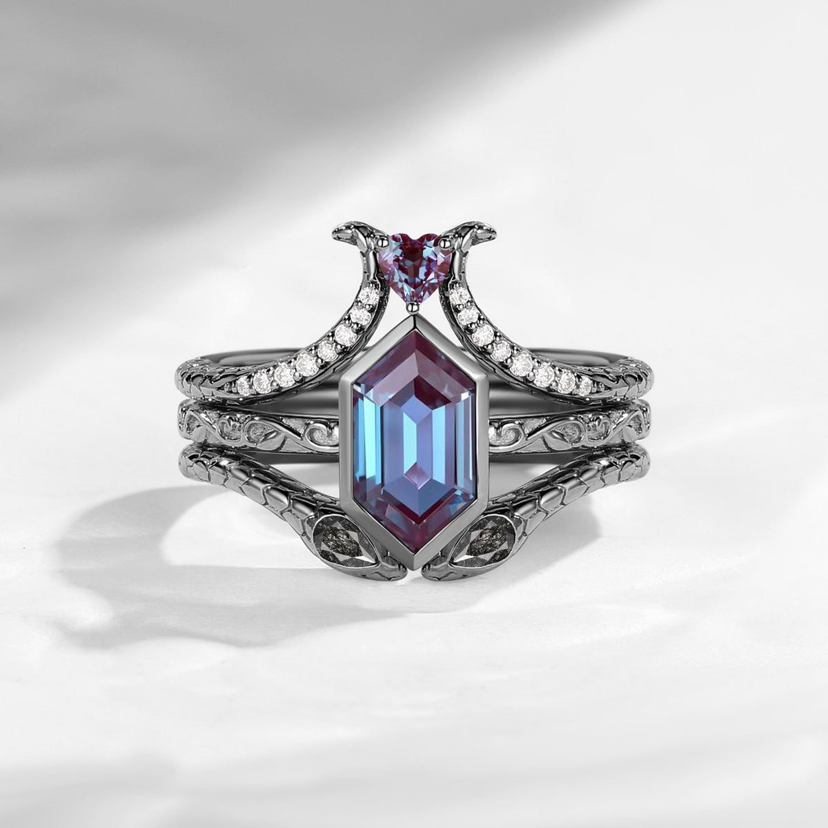 'Serpent's Allure' - Long Hexagon Cut Lab Alexandrite Vintage Bezel Engagement Ring Set 3pcs