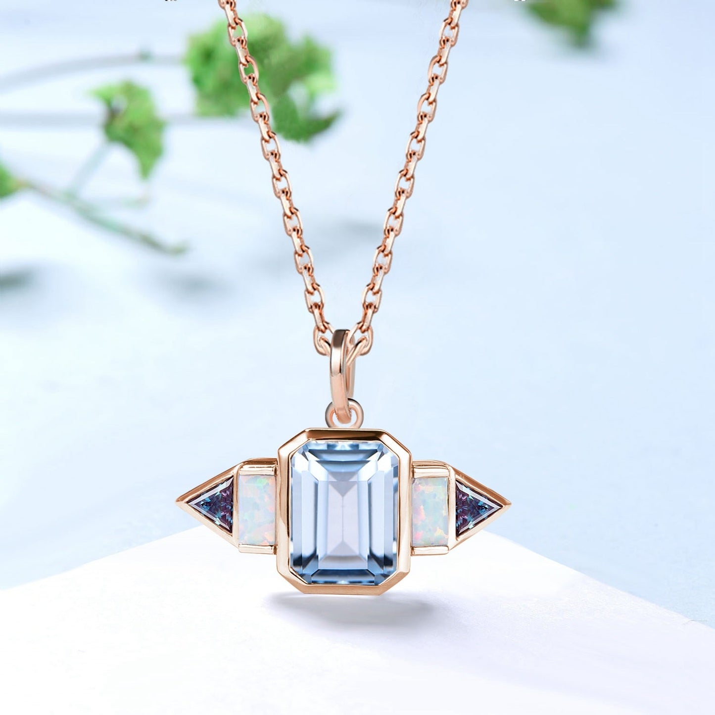 Vintage Emerald Cut AqumarineNecklace | East-West Opal & Alexandrite Pendant