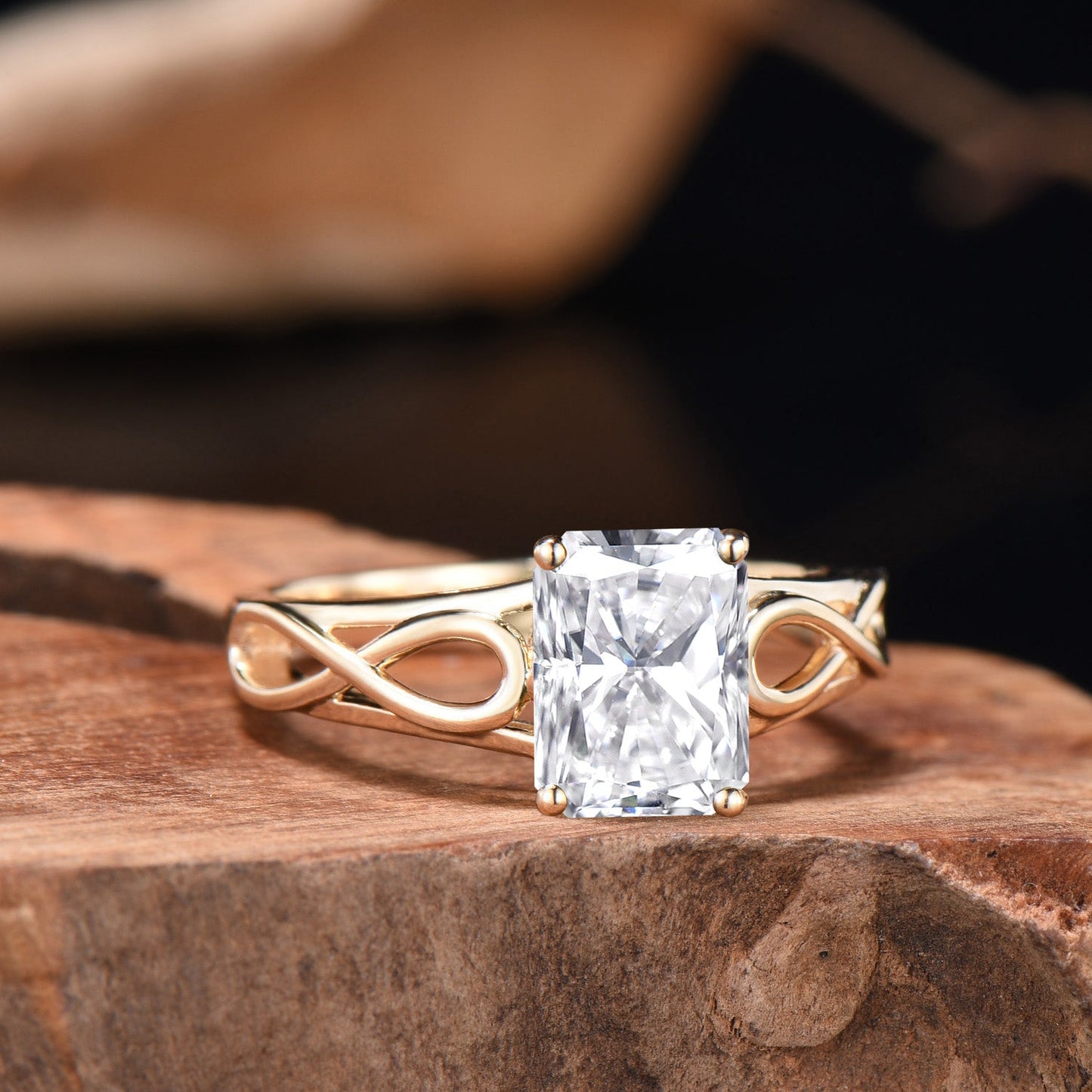 2ct Radiant Cut Cut Moissanite Engagement Ring, Infinite Love 14k Yellow Gold Band