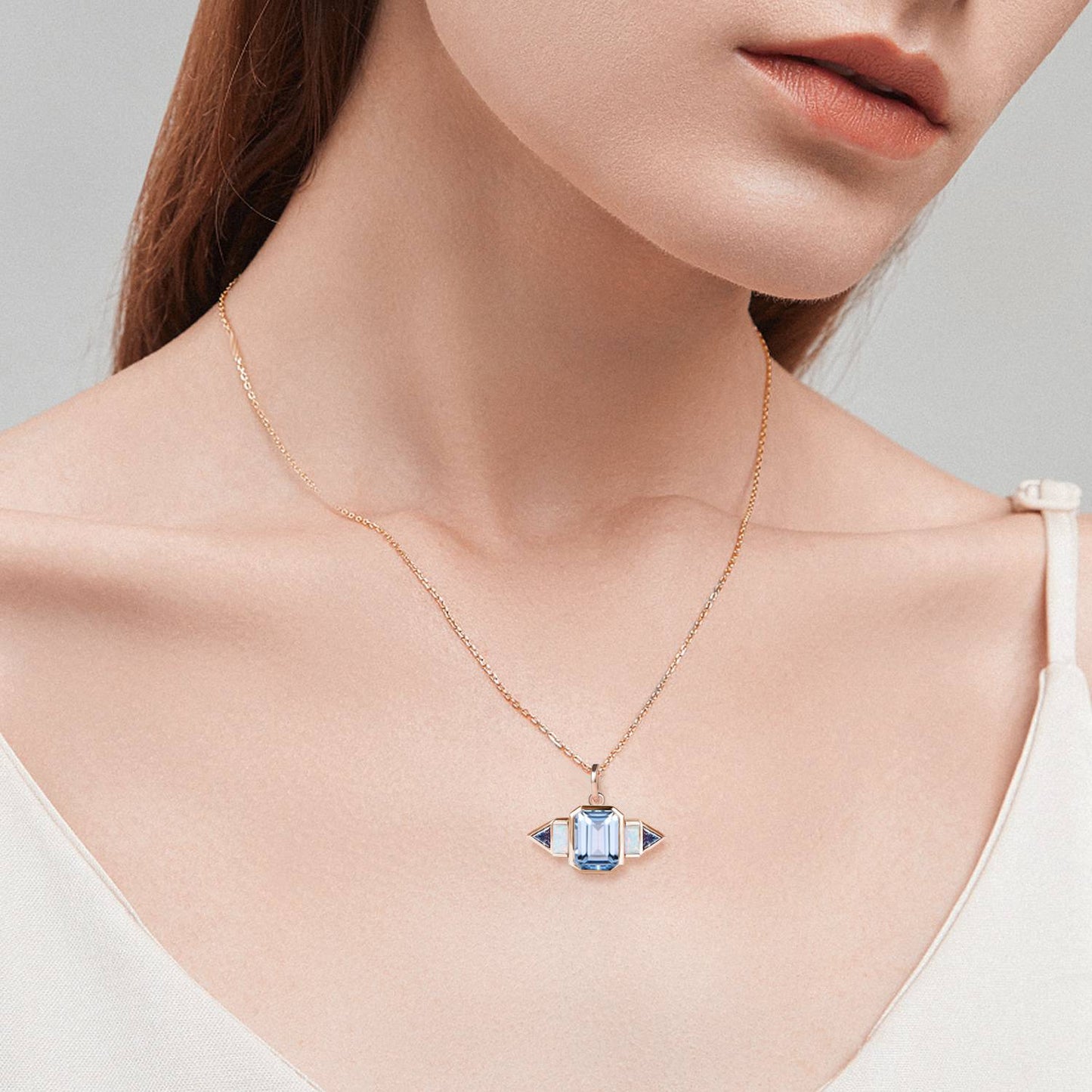 Vintage Emerald Cut AqumarineNecklace | East-West Opal & Alexandrite Pendant