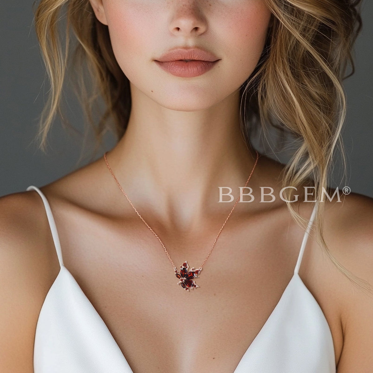 Teardrop Cut Garnet Maple Leaf Necklace Rose Gold Nature Inspired Pendant