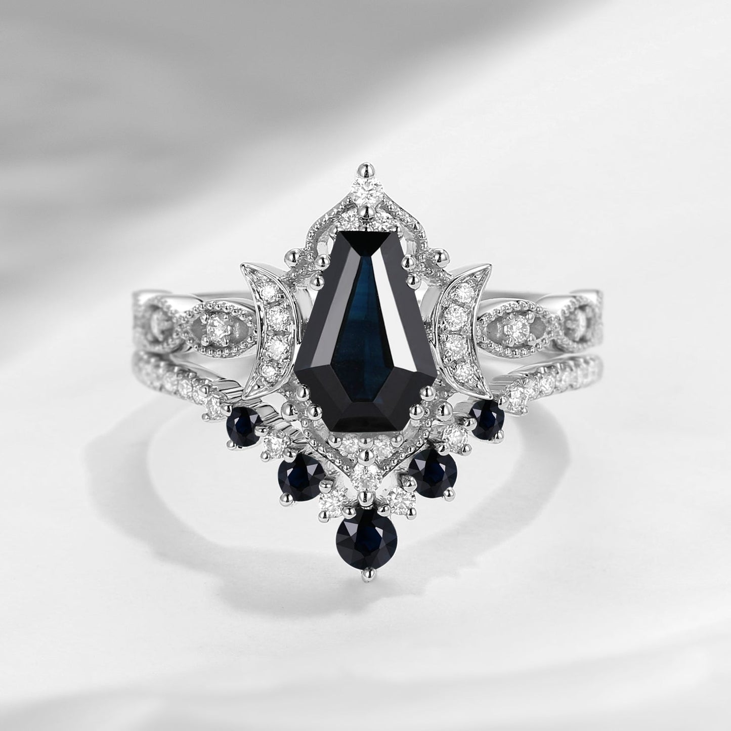 Crescent Moon | Coffin Cut Natural Black Sapphire 'Till Death Do Us Part' Engagement Ring Set 2pcs