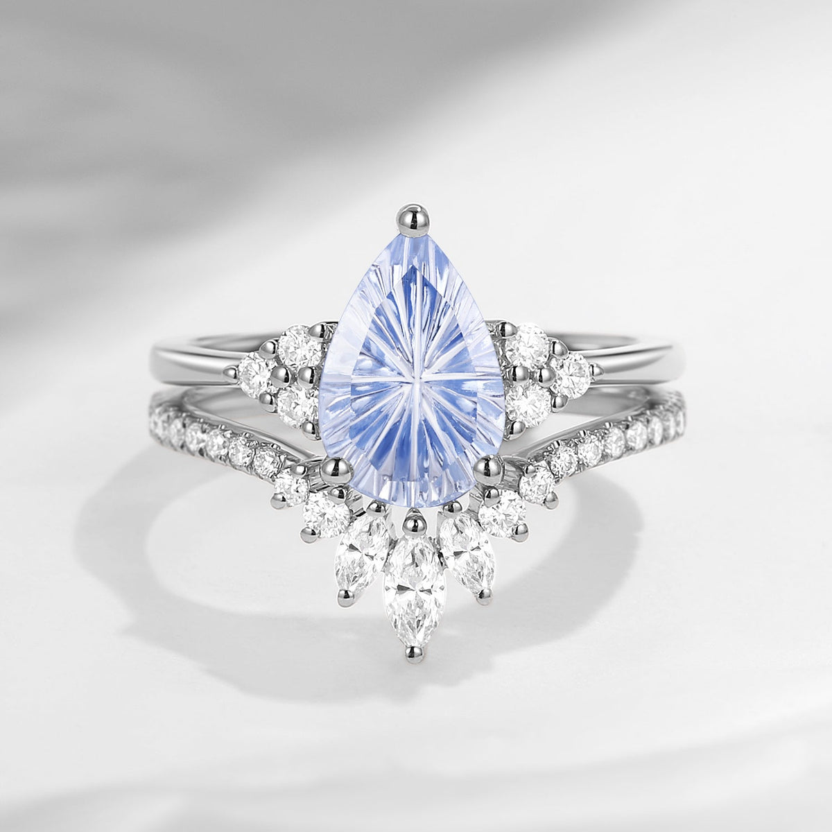 'Vivian' - 18K Fantasy Carved Pear Shaped Classic Cluster Lab Cornflower Sapphire Engagement Ring Set