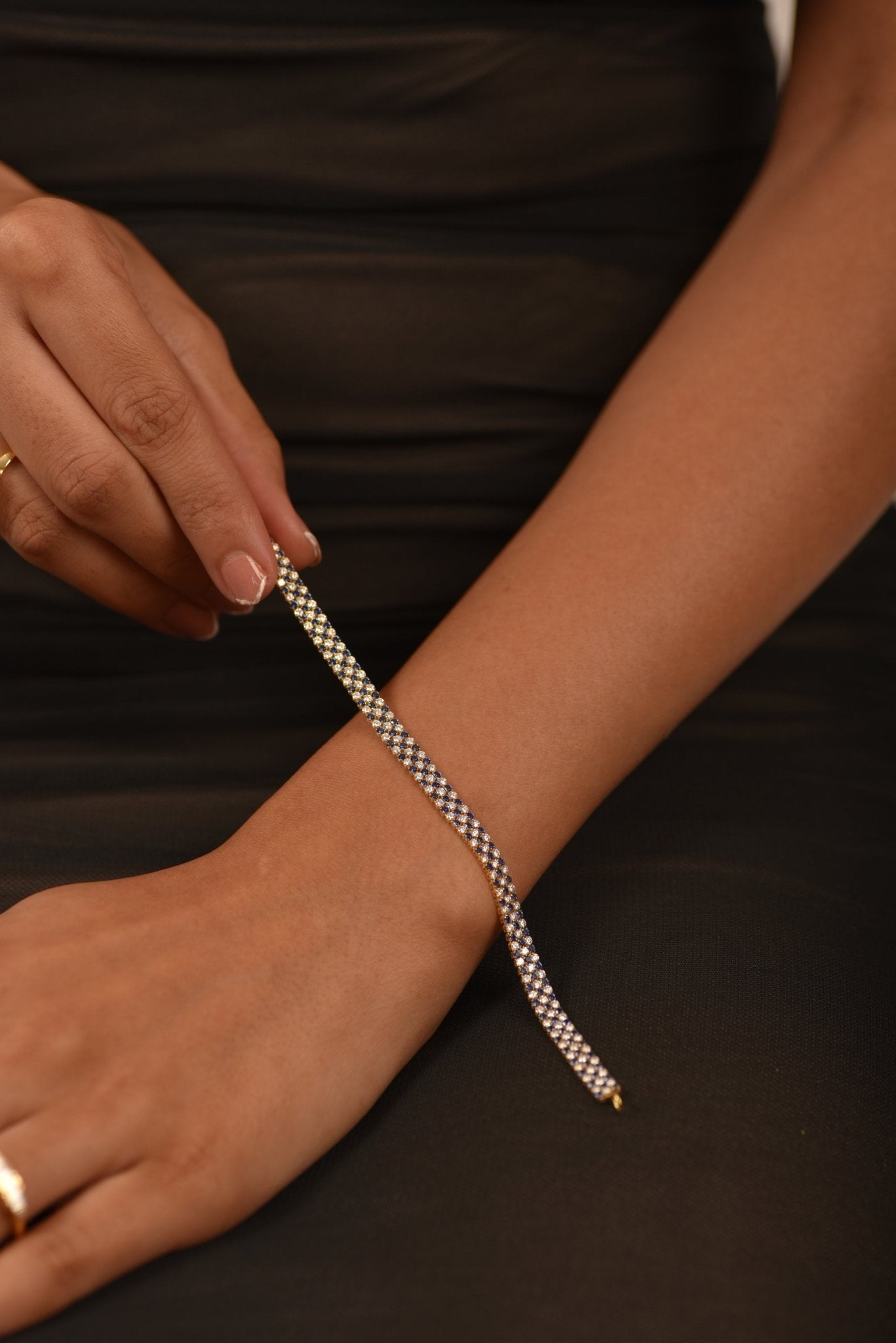 5 Carat Natural Blue Sapphire & Diamond Alternate Three Row Tennis Bracelet